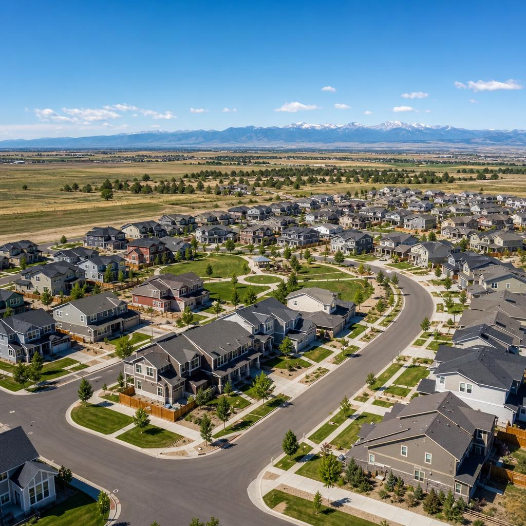 Aerial view of a suburban Adams County, Colorado neighborhood