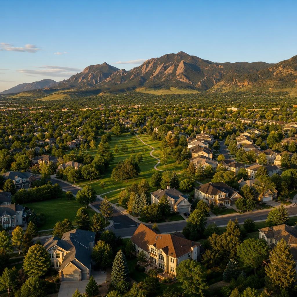 Aerial view of a Broomfield, Colorado neighborhood and the Flatirons