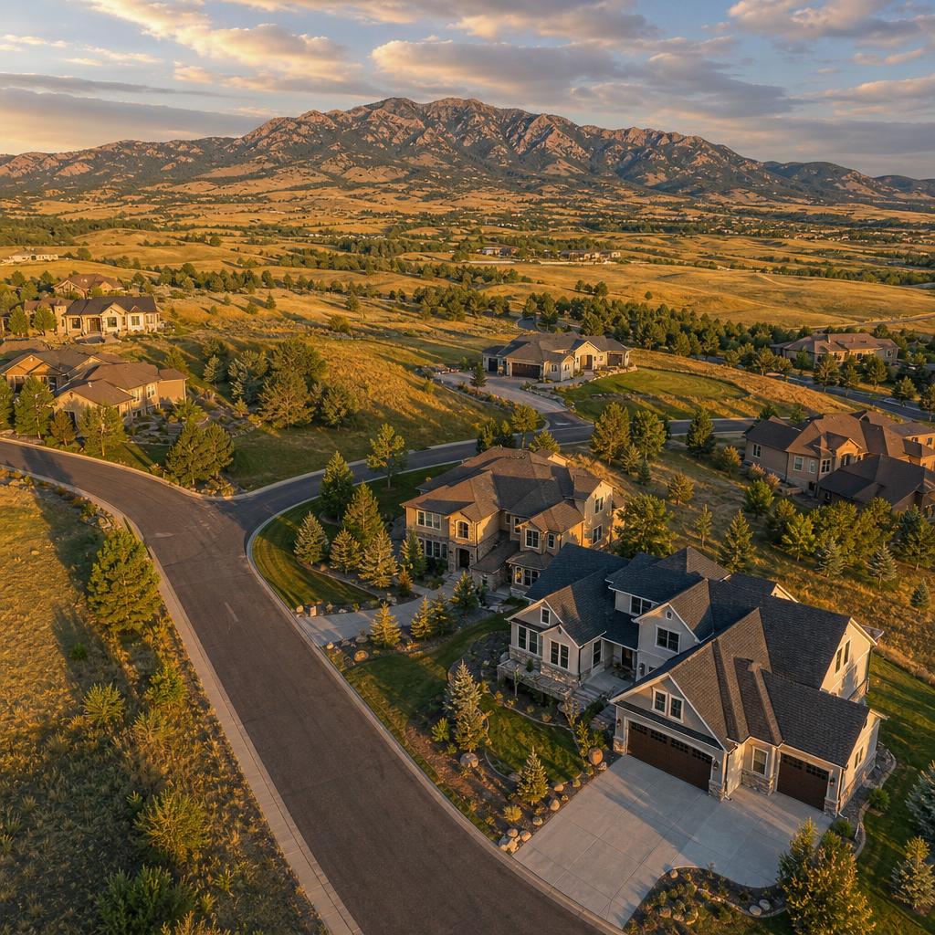 Aerial view of a Douglas County, Colorado neighborhood and foothills