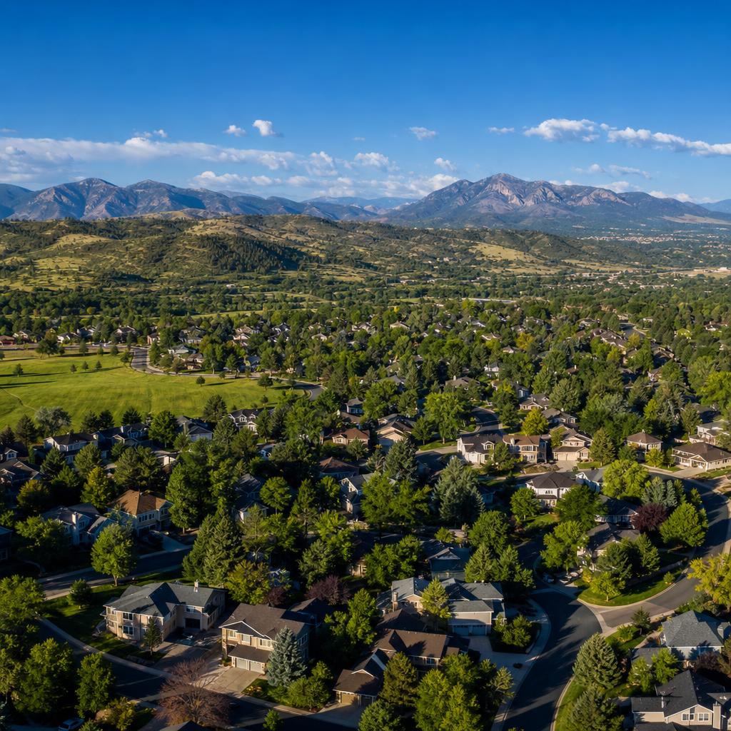 Aerial view of a Jefferson County, Colorado neighborhood and foothills