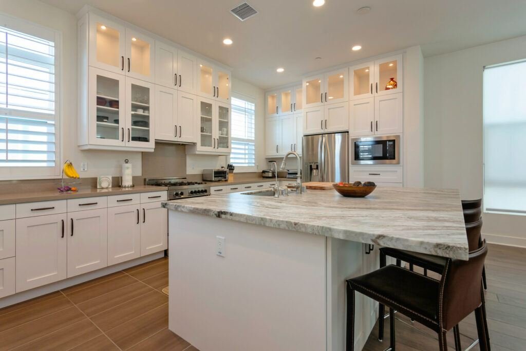 clean, modern kitchen with lighted cabinets