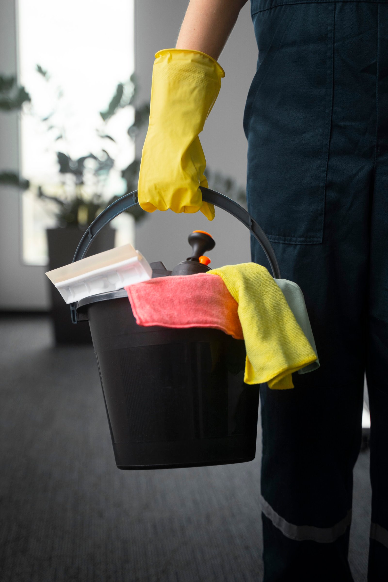 a cleaner holding a bucket of cleaning equipment like that used by Chloe's Cleaning Company in Aurora, CO