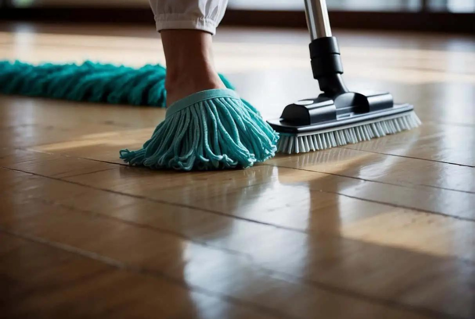 a person mopping a brown colored tile at home