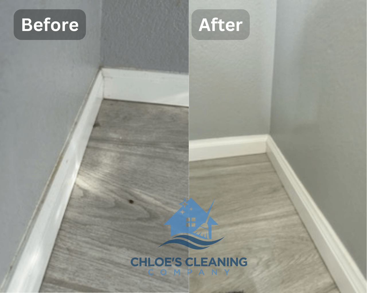 Detailed before and after baseboard dust removal and deep cleaning, showcasing Chloe's Cleaning Company's expert services in Denver