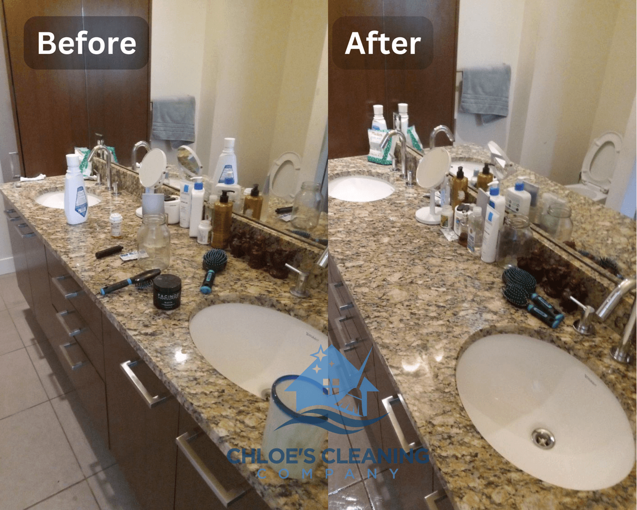 Impressive before and after transformation of a bathroom countertop, expertly decluttered and cleaned by Chloe's Cleaning Company in Denver