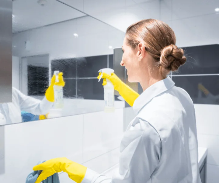 A woman cleaning a mirror with cleaning products, providing expert janitorial services in Denver