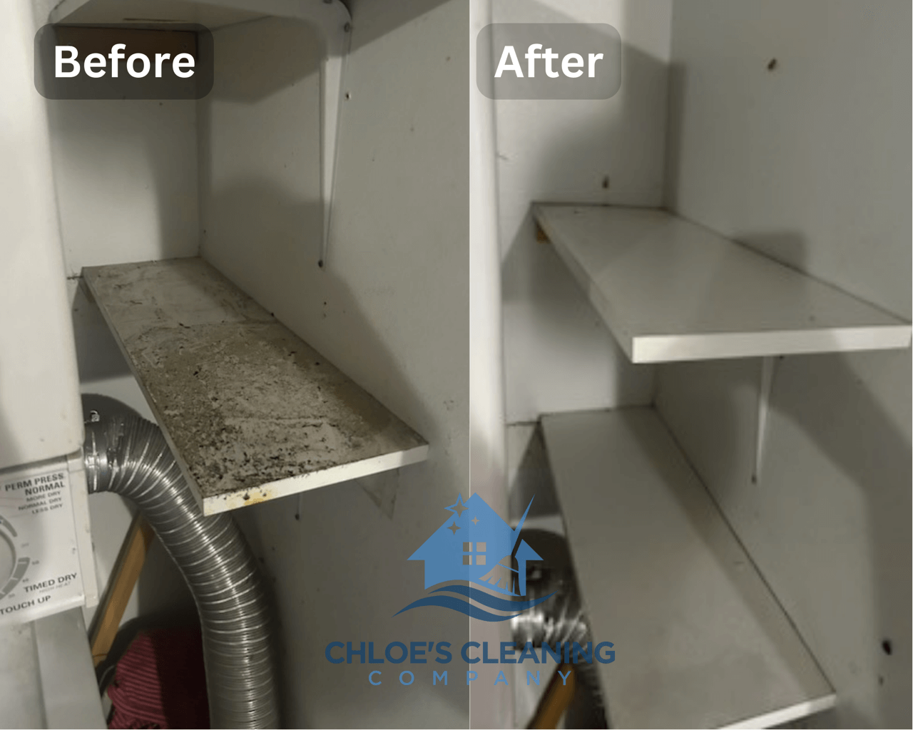 Before and after dust removal and deep cleaning of a shelf, showcasing Chloe's Cleaning Company's professional cleaning services in Denver