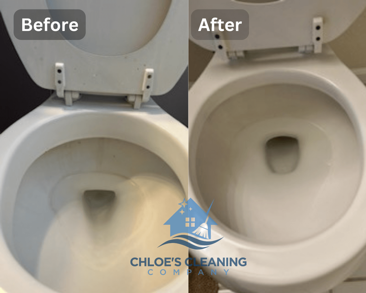 Before and after deep sanitation of a toilet, highlighting Chloe's Cleaning Company's expertise in thorough bathroom cleaning in Denver